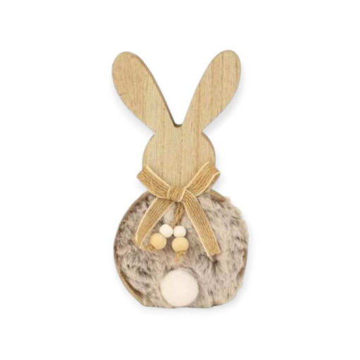 Picture of STANDING WOODEN EASTER BUNNY WITH BROWN FUR AND BOW 15CM